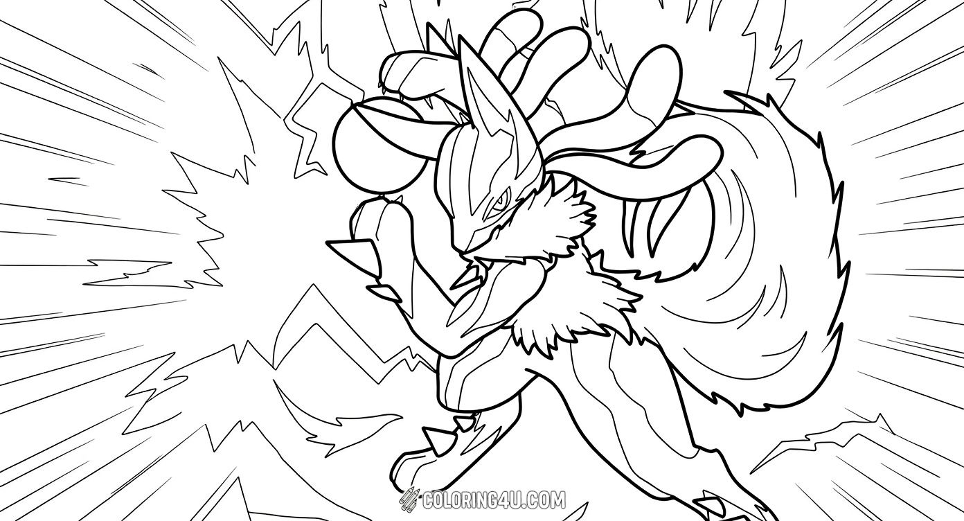 This exciting coloring page features Lucario, a popular Pokémon known for its fighting and steel abilities, unleashing a powerful energy attack. Kids will love adding vibrant colors to this dynamic scene full of action and energy sparks!