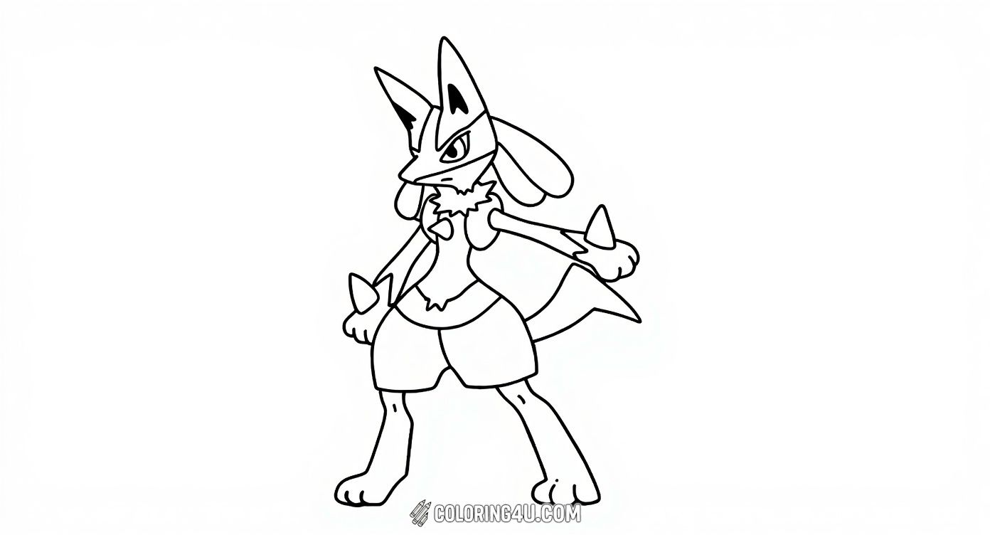 Get ready to color Lucario from Pokémon Go in this simple and bold coloring page. Lucario is shown standing confidently, ready for battle, making it perfect for kids who enjoy strong and heroic Pokémon characters.