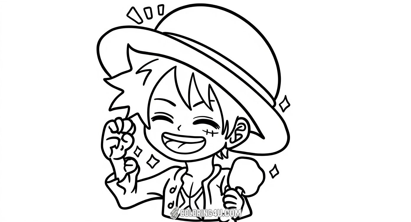 Here is a fun chibi-style coloring page of Monkey D. Luffy from One Piece, happily enjoying a big piece of ice cream. With his energetic smile and cheerful pose, children will love adding bright colors to this joyful moment of their favorite pirate!