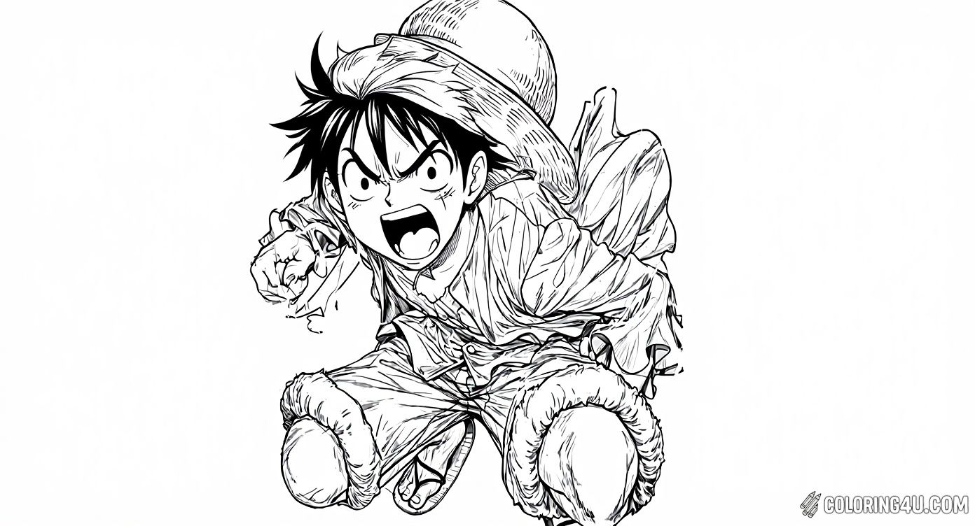 Bring to life this dynamic coloring page of Monkey D. Luffy from the popular anime One Piece, showing him in a fierce and determined battle pose. Kids can have fun coloring every detail of Luffy’s iconic straw hat, fierce expression, and energetic stance as he prepares to fight for his pirate crew and dreams.