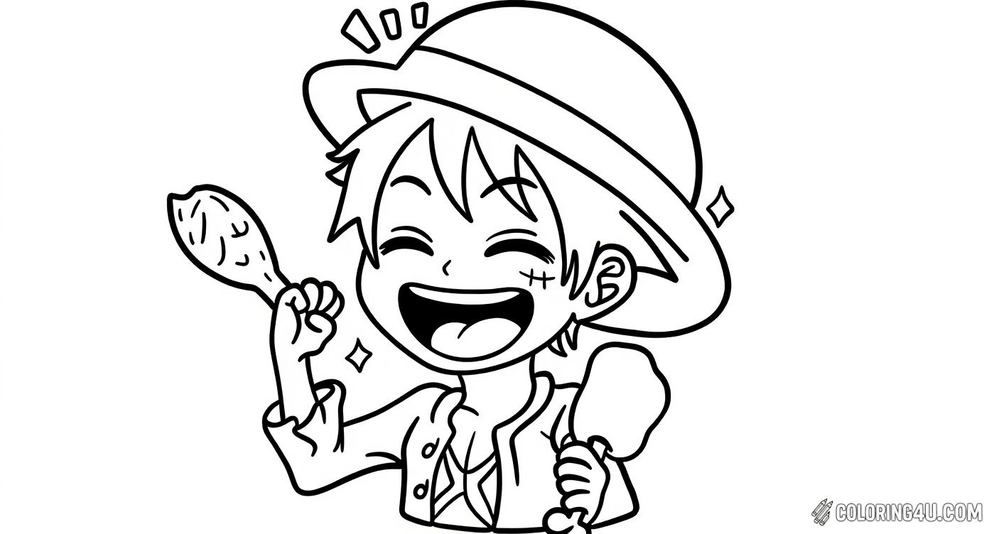 Happy Luffy Eating Chicken Drumstick Coloring