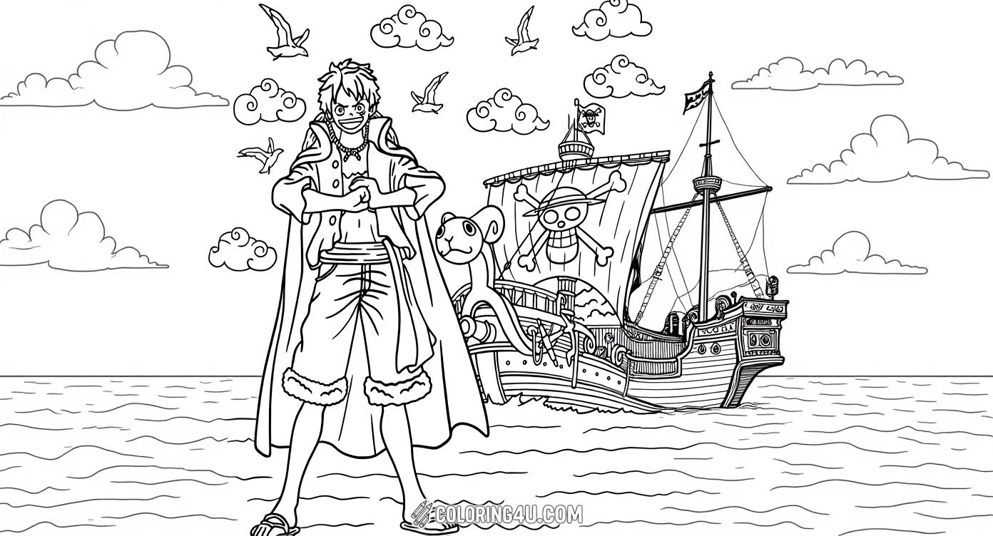 This lively coloring page features Monkey D. Luffy from One Piece striking a heroic pose in front of his pirate ship at sea, surrounded by seagulls and clouds. Kids can explore their imagination by coloring Luffy’s adventurous spirit and the exciting pirate world around him!