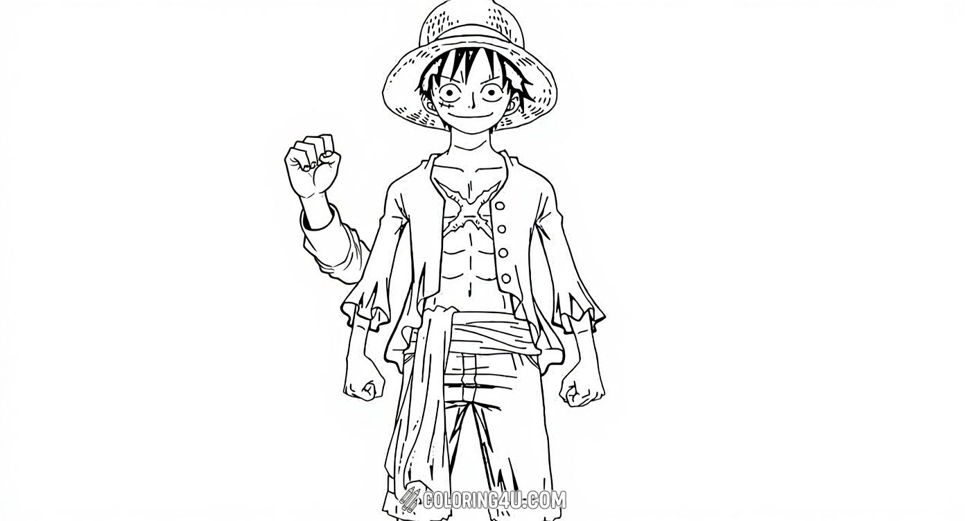 This exciting coloring page showcases Monkey D. Luffy from One Piece standing confidently with his fists clenched and a big smile. Kids can bring this adventurous pirate to life with their favorite colors as Luffy’s iconic straw hat and outfit await vibrant creativity!
