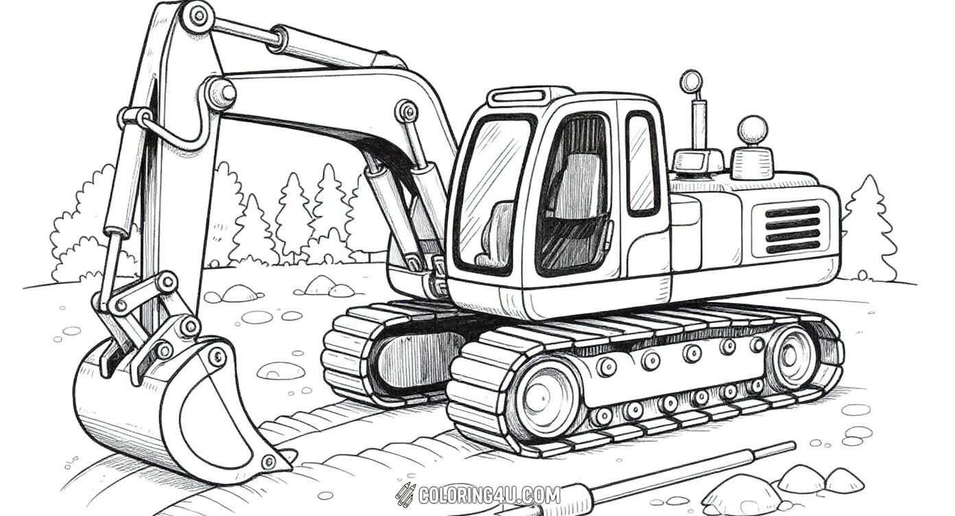 This fun coloring page features a detailed excavator digging machine at a construction site. Kids can enjoy adding vibrant colors to the powerful vehicle with its large digging bucket and treads, bringing this hardworking machine to life!