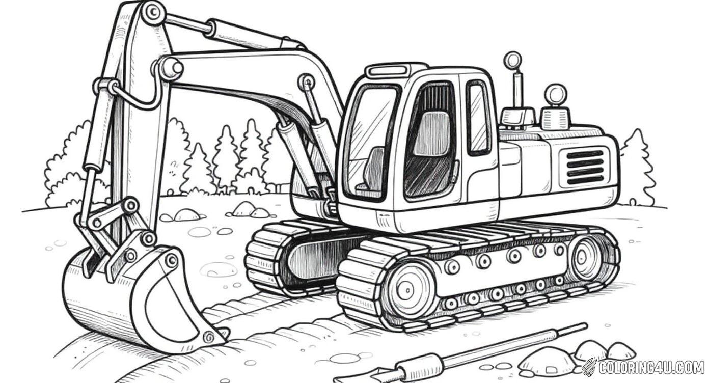 This fun coloring page features an excavator at work, digging into the ground with its large bucket. Surrounded by trees and rocks, this detailed image invites kids to bring the mighty machine to life with colors as it works on a construction site.