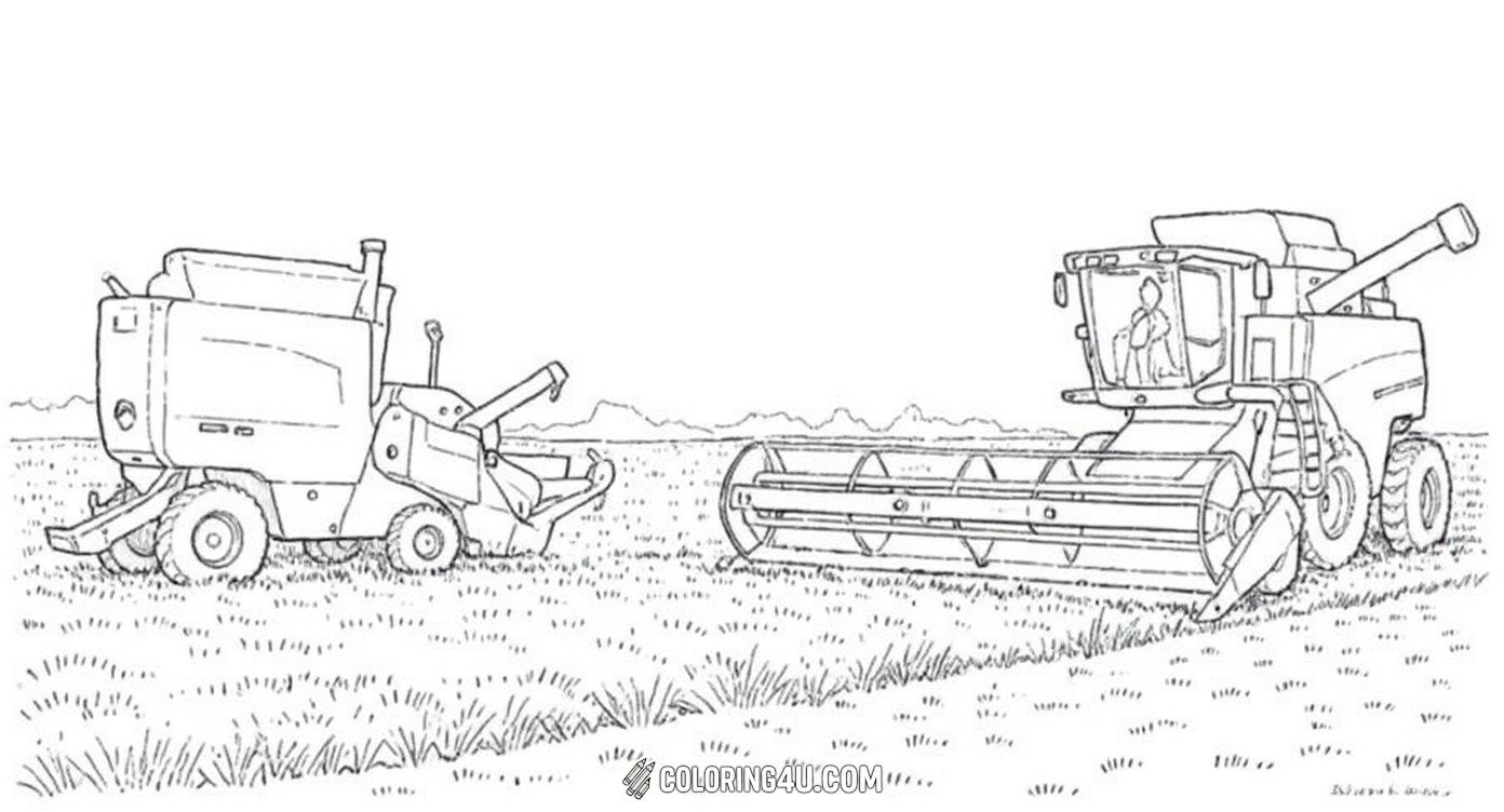This coloring page features a farm thresher working in the field, helping to harvest crops efficiently. The machine separates grain from plants, making farm work easier. Kids will love coloring this detailed farming scene, imagining the busy harvest season on a sunny day.