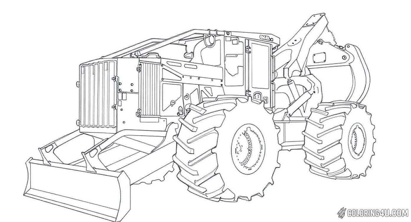 This coloring page features a heavy-duty forestry tractor, complete with big rugged tires and a strong front blade. Kids can have fun coloring this robust machine, designed to work hard in tough outdoor environments, making it perfect for those who love big machines and nature scenes.