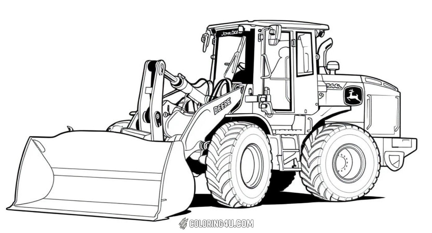 This coloring page shows a detailed front loader tractor from John Deere, ready to help with heavy lifting on the farm or construction sites. Kids can enjoy coloring the large wheels and sturdy bucket, imagining it moving dirt or rocks to clear the way!