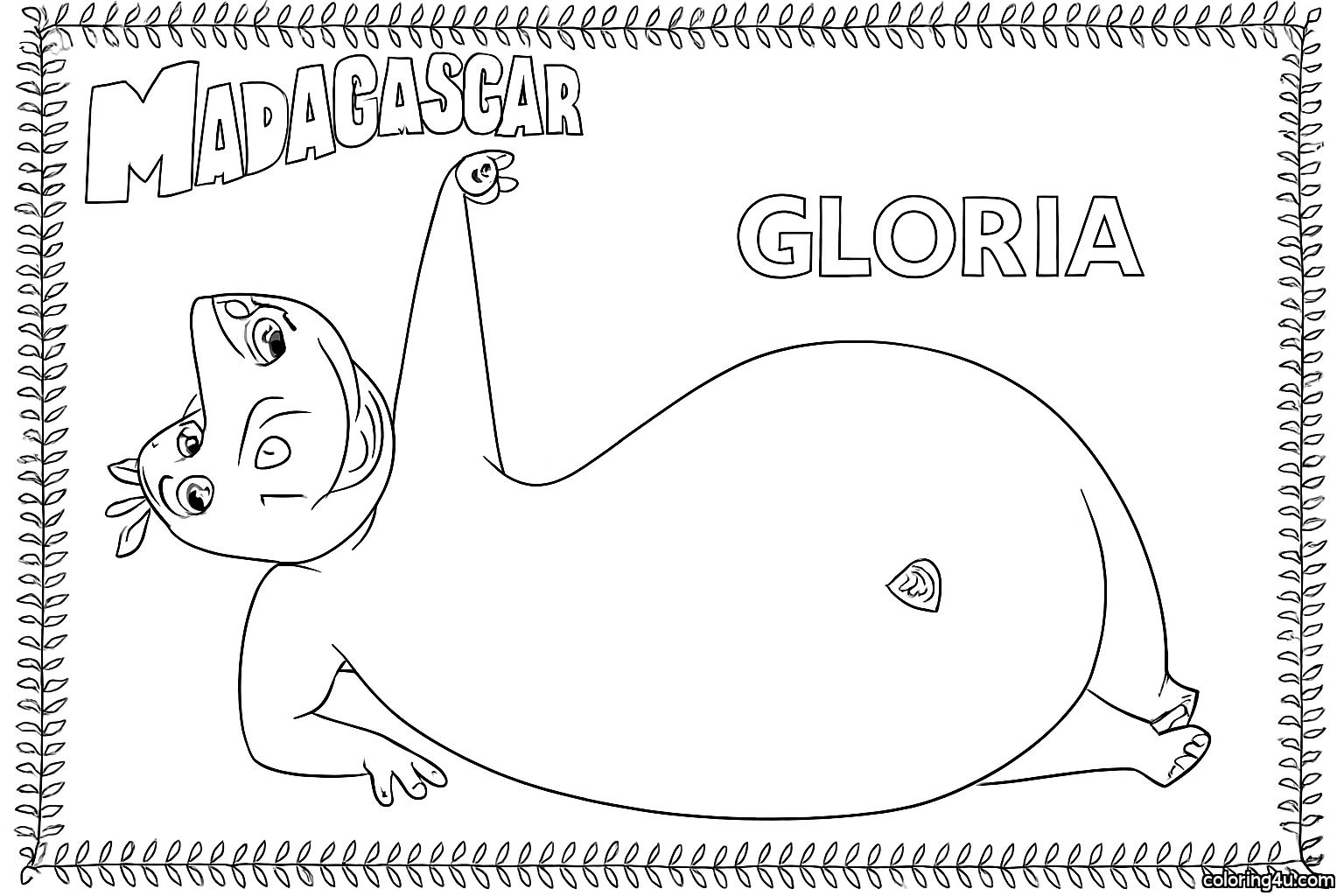 Join Gloria the hippo from 'Madagascar' as she joyfully dances by the shimmering lake shore. With her playful pose and cheerful expression, this coloring page invites kids to bring her vibrant world to life. Add splashes of color to the water, the lush greenery, and Gloria's charming features, creating a scene filled with fun and creativity.