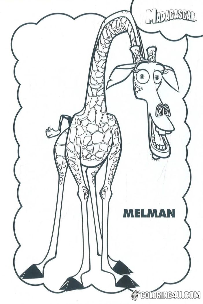 Melman, the tall and lanky giraffe from the Madagascar movies, is shown with his long neck bending forward, wide eyes, and a slightly goofy smile, his spotted body and thin legs emphasizing his awkward yet lovable personality.