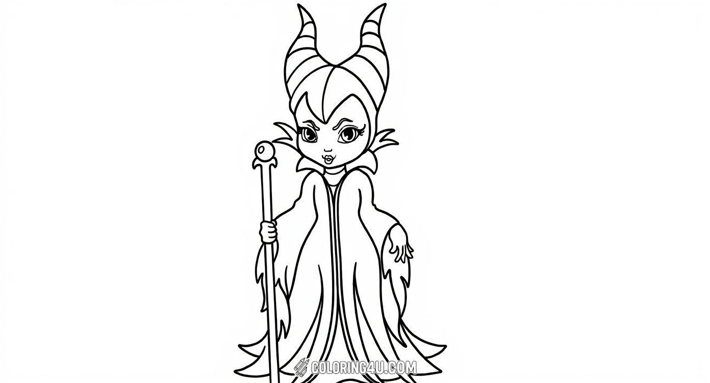 Color this adorable cartoon version of Maleficent, the famous fairy tale villain with her iconic horned headdress and flowing robe. Perfect for kids who love magical stories and want to bring this charming character to life with bright colors!
