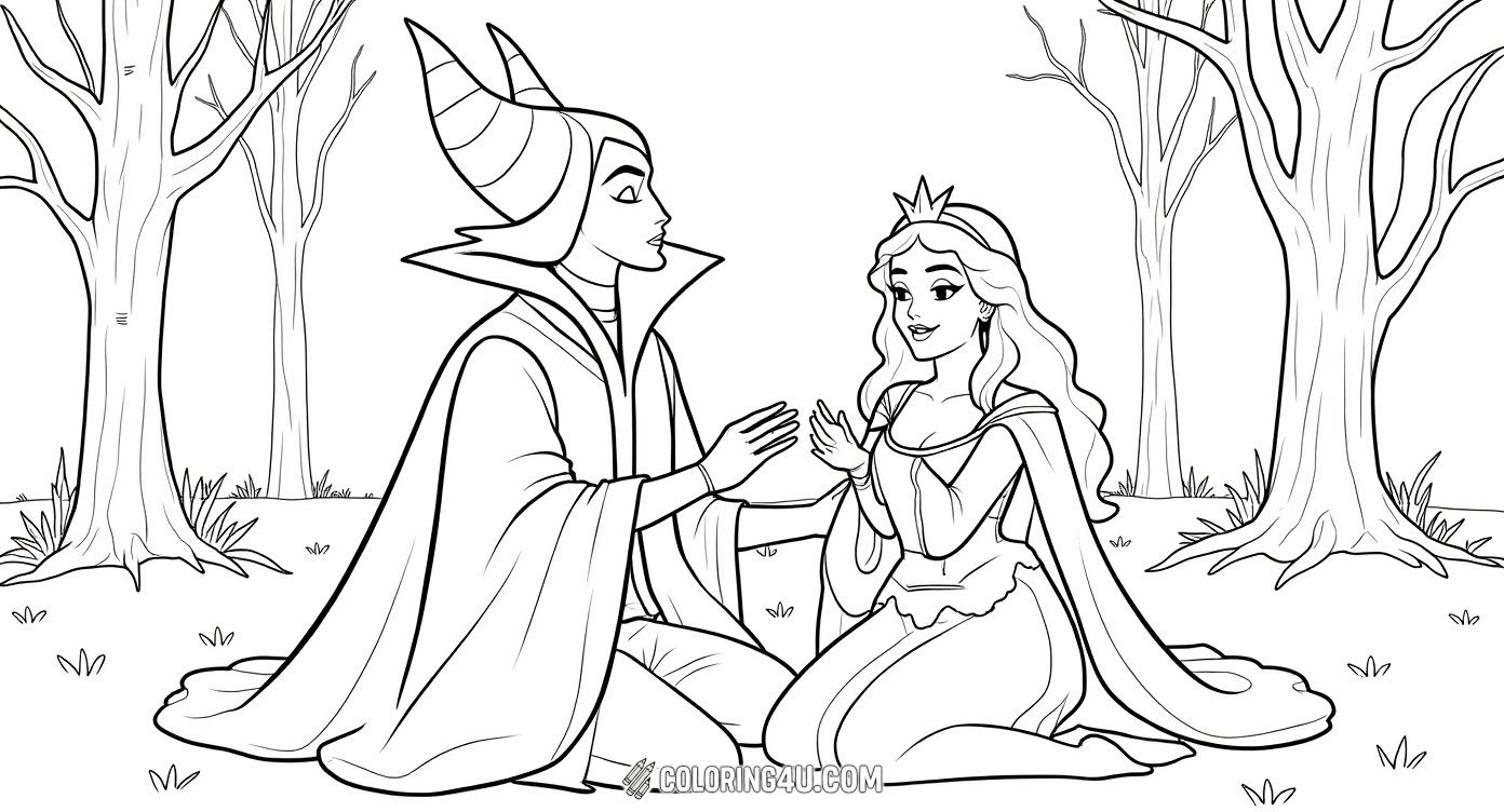 Bring this dramatic moment to life by coloring Maleficent holding the sleeping Princess Aurora in a mysterious forest. With tall trees and detailed robes, this scene is great for kids who enjoy fairy tales and want to explore their creativity through art!