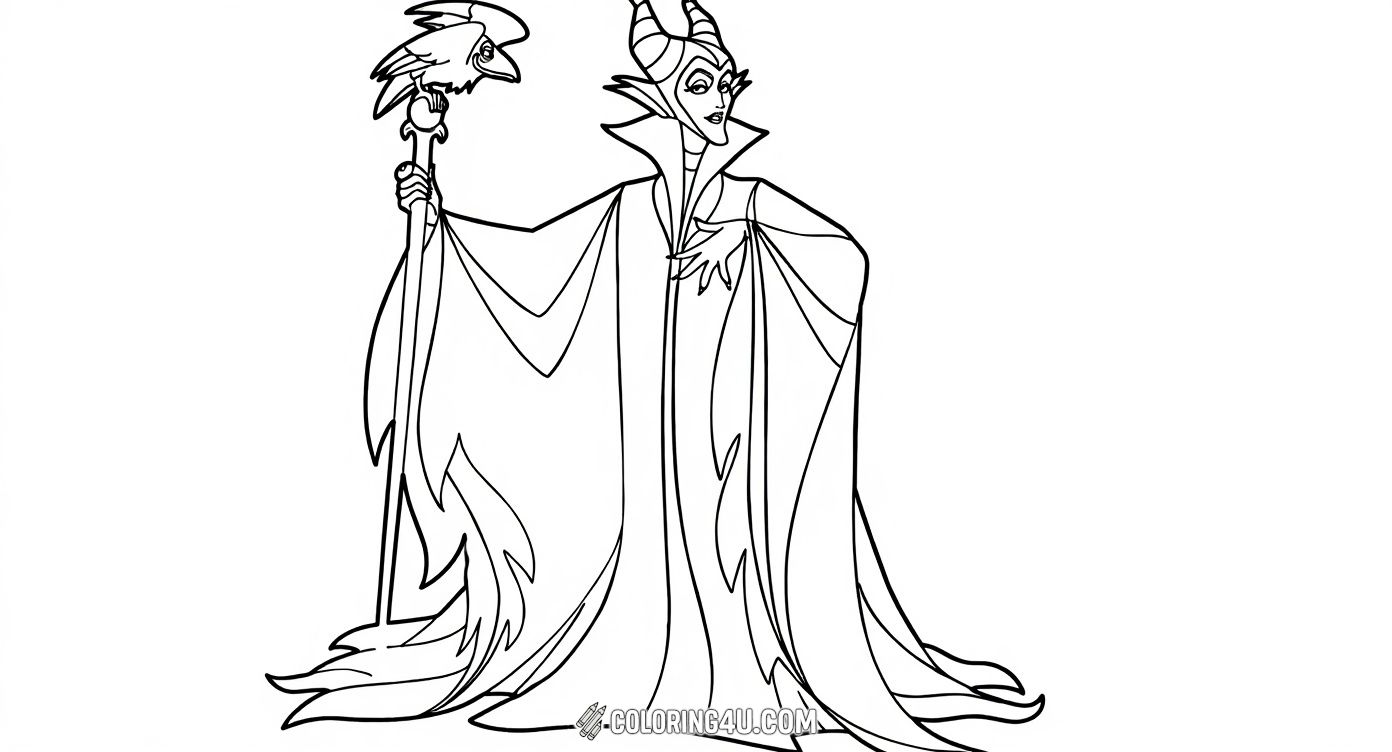 This coloring page features Maleficent, the iconic villain from Disney's Sleeping Beauty, standing confidently with her elaborate horned headdress and flowing cape. She holds a magical staff topped with a mysterious raven. Kids can have fun bringing this powerful fairy tale character to life with vibrant colors.