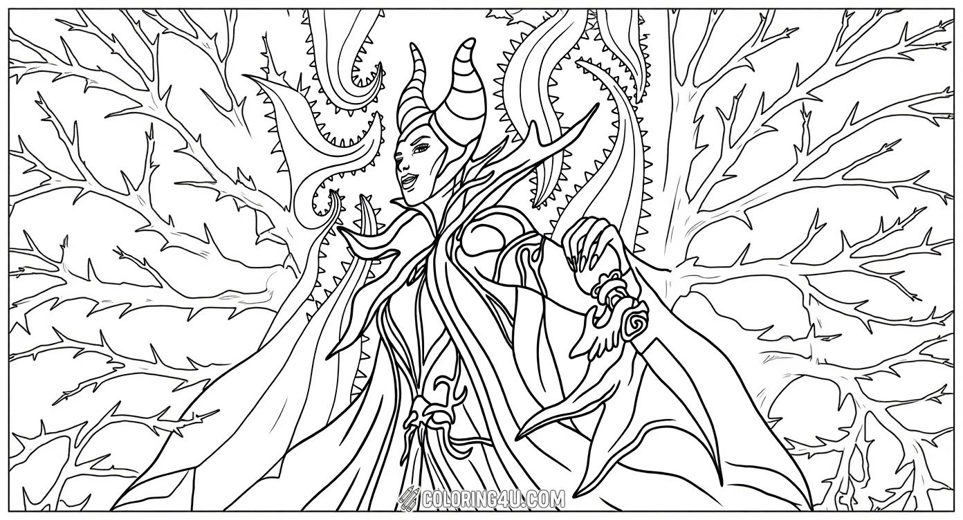 This intricate coloring page shows Maleficent surrounded by twisted thorny vines, holding a dagger in one hand. Her majestic horned headpiece and detailed robe add to her mystical and powerful aura. Kids will enjoy coloring this captivating scene filled with fantasy and excitement.
