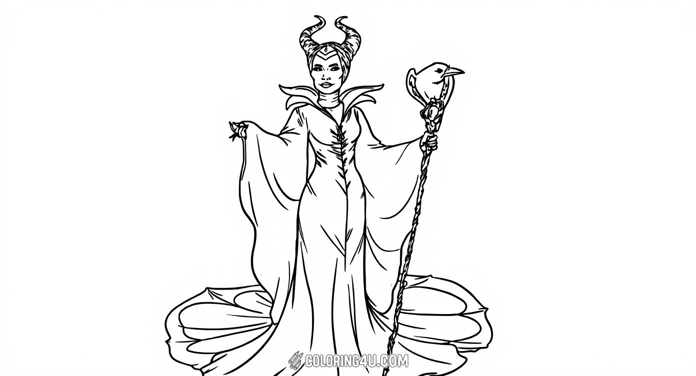 Dive into the enchanting world of Disney's Maleficent with this detailed coloring page featuring the character as portrayed in the movie. Complete with her elegant gown, twisted horns, and loyal crow companion, kids can have fun adding colors to this magical scene!