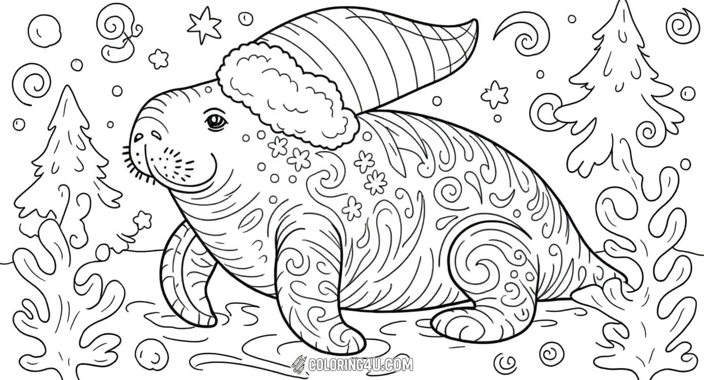 Celebrate the holidays with this festive manatee coloring page! The manatee is wearing a cozy Santa hat and holding a candy cane while surrounded by swirling underwater patterns, bubbles, and holly leaves. It’s perfect for kids to enjoy holiday cheer under the sea.