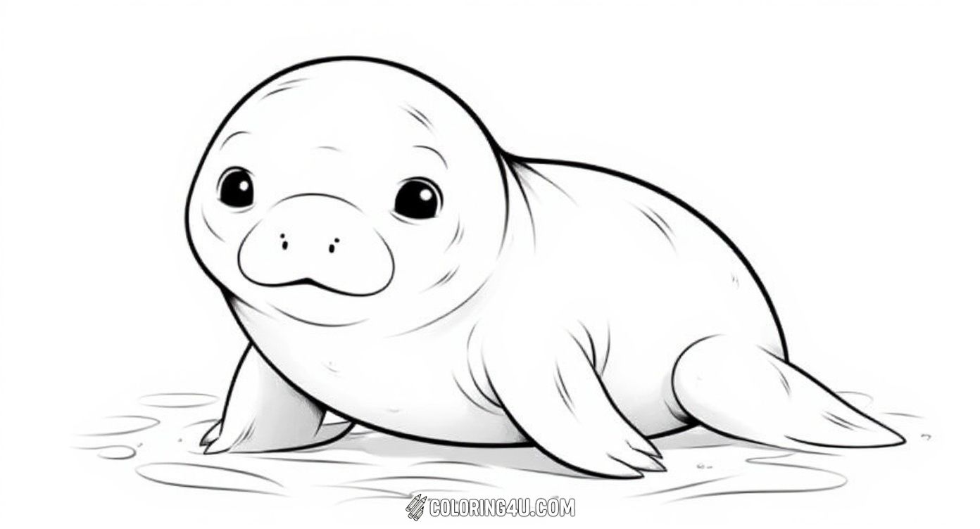 This adorable coloring page shows a cute baby manatee surrounded by bubbles underwater. Kids will love bringing this charming little marine creature to life with their favorite colors in this simple and engaging illustration.