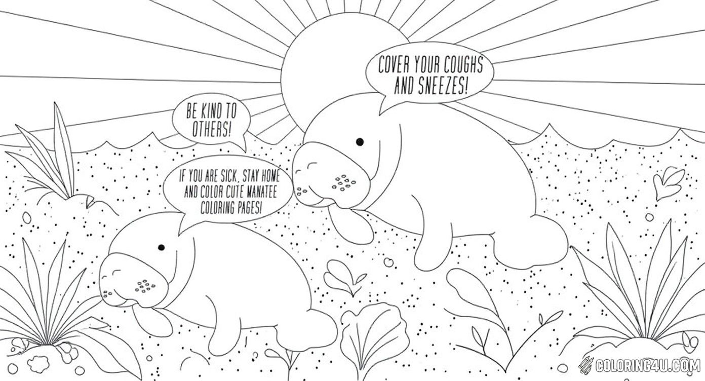 Spread kindness and stay healthy with this adorable manatee coloring page promoting good habits! Five cute manatees remind kids to be kind, cover coughs and sneezes, wash hands, and stay calm. The sandy ocean floor and shells make a delightful underwater setting, encouraging children to have fun while learning about important health tips.