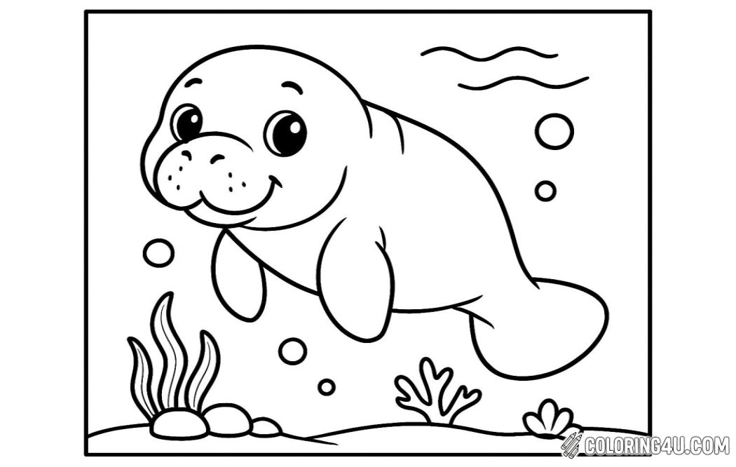 A cute manatee with a round face and whiskered snout swims happily underwater, its flippers extended as it glides among bubbles and small waves. At the bottom of the scene, sea plants and corals decorate the sandy ocean floor, adding to the friendly and peaceful underwater setting.