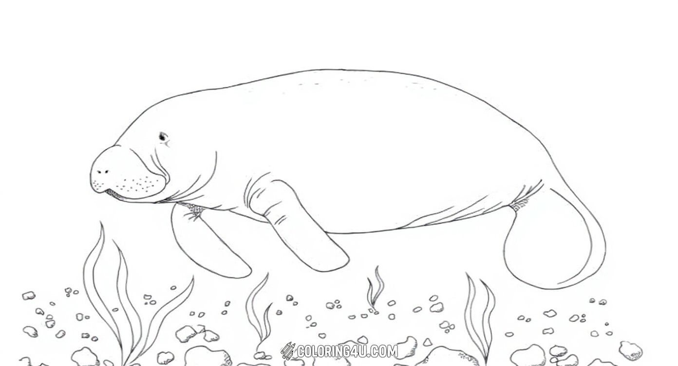 This coloring page features a detailed image of the West Indian manatee gently swimming above the ocean floor. Kids can learn about these slow-moving marine mammals while coloring in this peaceful scene filled with sea plants and rocks.