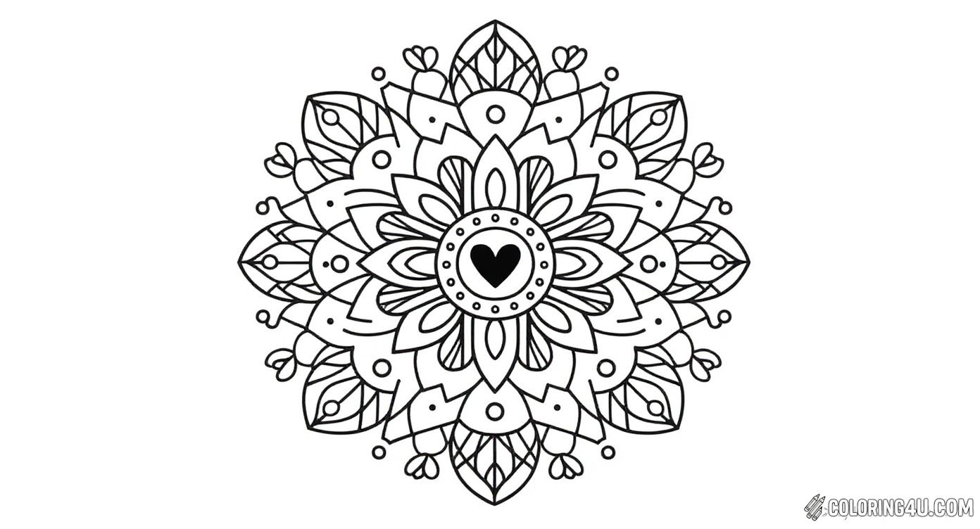 This delightful mandala coloring page features a symmetrical floral design with a charming heart at its center. Kids can enjoy adding vibrant colors to the delicate petals and leaves, creating a beautiful piece full of love and creativity.