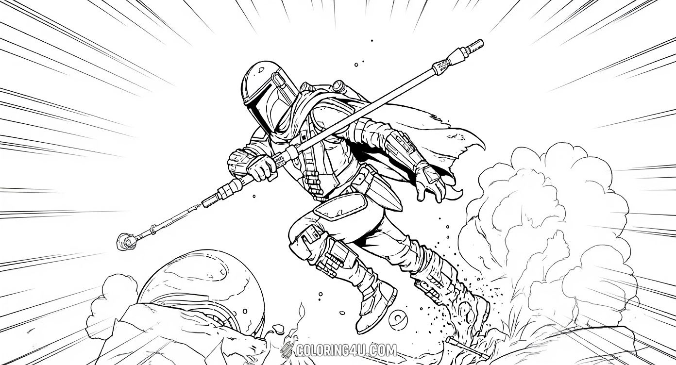 Get ready to dive into an exciting action scene from the Mandalorian universe! This coloring page features a detailed warrior in Mandalorian armor, wielding a staff and jumping into battle on the rocky terrain of Mandalore. Perfect for kids who love thrilling adventures and sci-fi worlds!