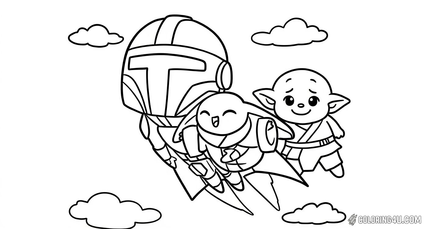 Get ready for a flying adventure with the Mandalorian and Baby Yoda riding a jetpack through the clouds! This adorable coloring page is perfect for kids who love fun and action-packed scenes from the Star Wars galaxy.