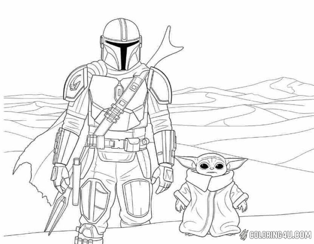 The Mandalorian, dressed in full armor with a blaster strapped across his chest and a long rifle on his back, stands tall on a barren landscape, his cape draped over one shoulder, while beside him walks Grogu, the small creature with large ears and round eyes, wrapped in his oversized robe, both facing forward against the backdrop of rolling hills.