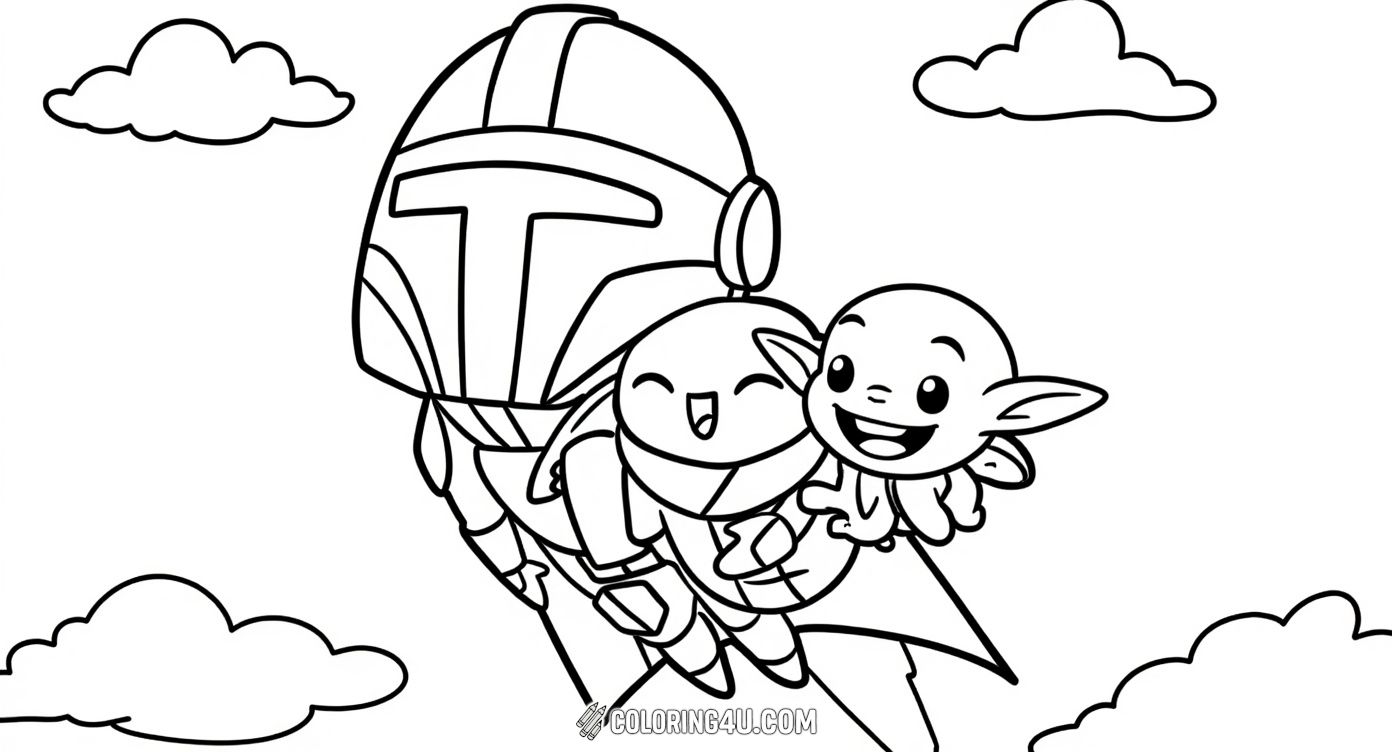 Soar through the skies with the Mandalorian and his adorable companion, Baby Yoda! This cute and simple coloring page shows the Mandalorian flying with his jetpack, carrying Baby Yoda who is smiling joyfully. A fun and friendly scene perfect for young Star Wars fans to color and enjoy.
