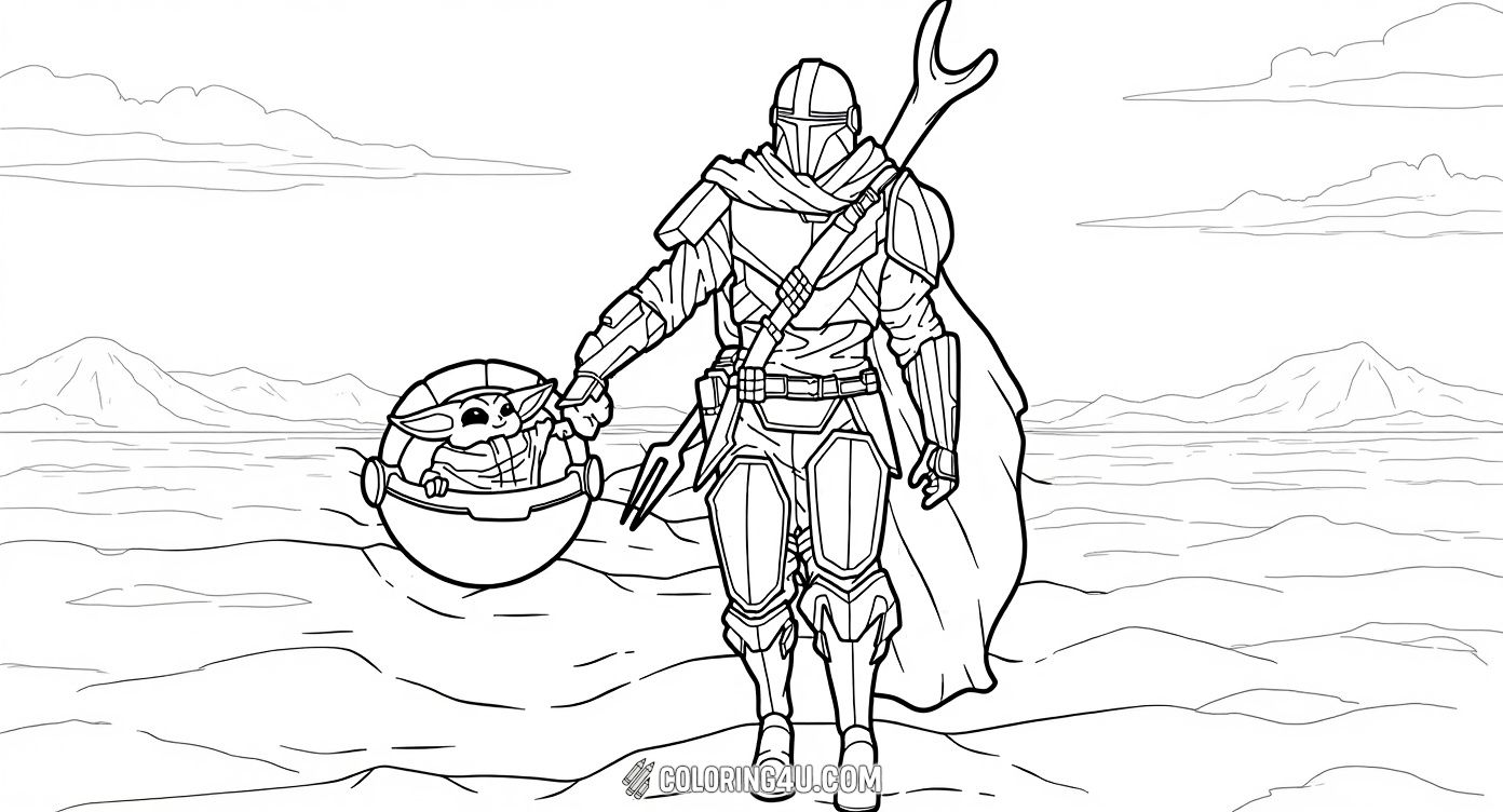Explore the mysterious alien landscapes with the Mandalorian and Baby Yoda! This detailed coloring page shows the Mandalorian holding Baby Yoda's hand as they walk together on a fantastic planet with floating mountains and distant planets in the sky. This enchanting scene invites kids to bring their favorite characters to life with colors.