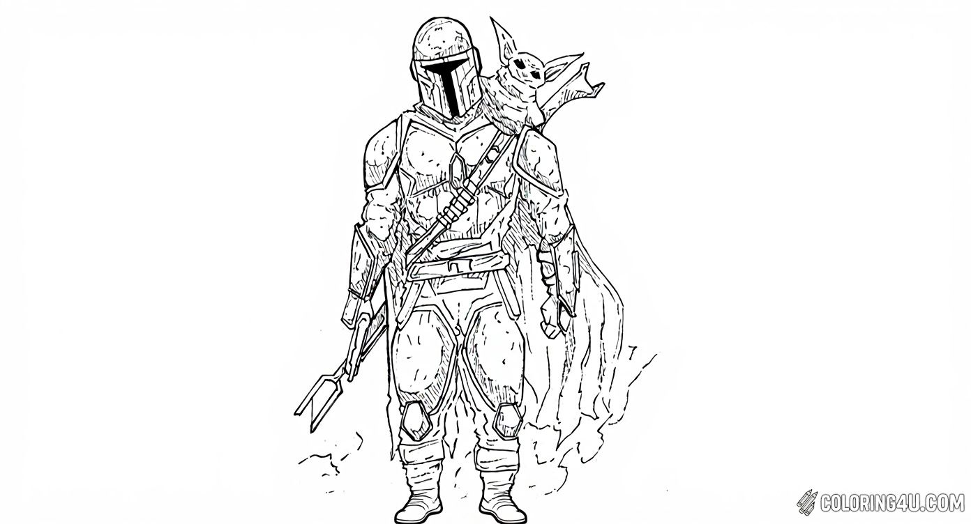 Color the heroic Mandalorian standing strong with Baby Yoda perched on his shoulder. Set against a background of mysterious rocky terrain, this coloring page invites kids to imagine exciting stories from the Star Wars universe.
