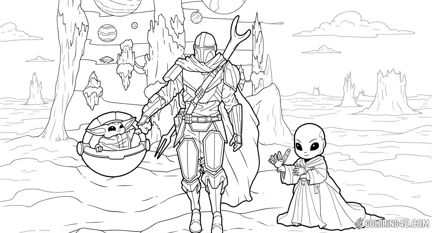 Join the Mandalorian and Baby Yoda as they explore a mysterious alien world filled with tall, jagged rocks and distant planets in the sky. This fun coloring page invites kids to bring this exciting space adventure to life with colors and imagination.
