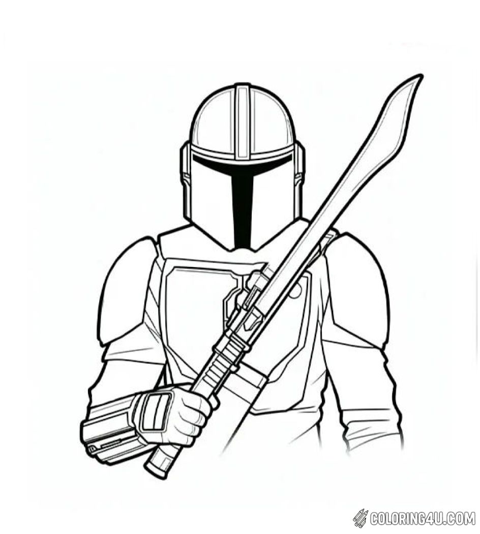 The Mandalorian is depicted in his iconic helmet and armor, holding the Darksaber with both hands; the blade’s distinct flat, glowing shape is angled upward, while his stance and expressionless visor convey strength and determination.