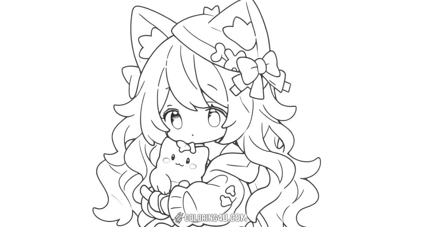 Color this adorable chibi-style manga girl wearing a cat ear hood, surrounded by cute little cat-like creatures. This playful and sweet scene is perfect for kids to add their favorite colors and create a fun and heartwarming image full of smiles and magical sparkles.
