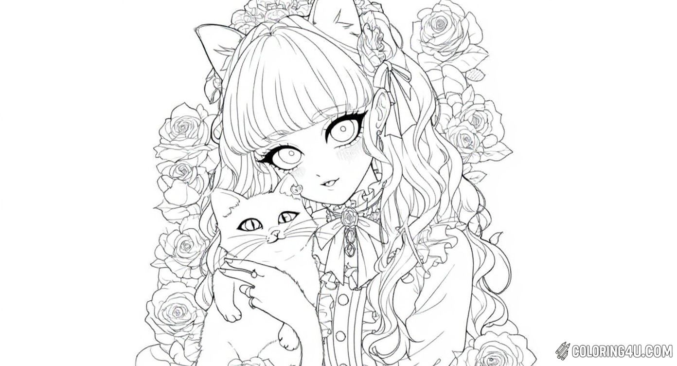 Cute Girl With Cat And Roses