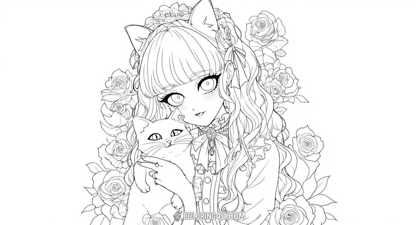 Discover the charm of a beautiful manga girl with cat ears holding her fluffy pet cat, surrounded by blooming roses. This detailed coloring page invites kids to bring to life the delicate flowers and the sweet bond between the girl and her cat with vibrant colors.