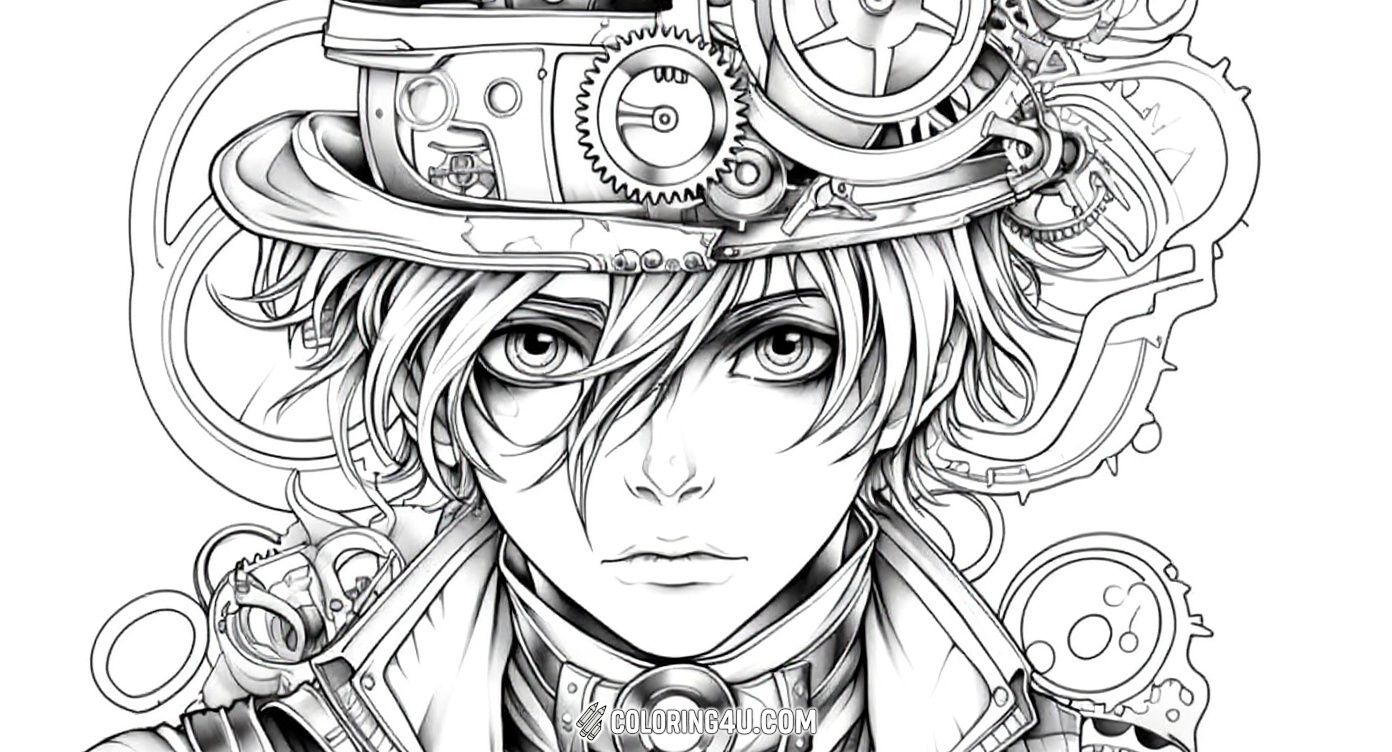 Dive into a steampunk adventure with this manga-inspired boy wearing a hat adorned with intricate gears and machinery. Kids can enjoy coloring all the detailed mechanical parts and the cool outfit, creating a fascinating steampunk character full of imagination and mystery.