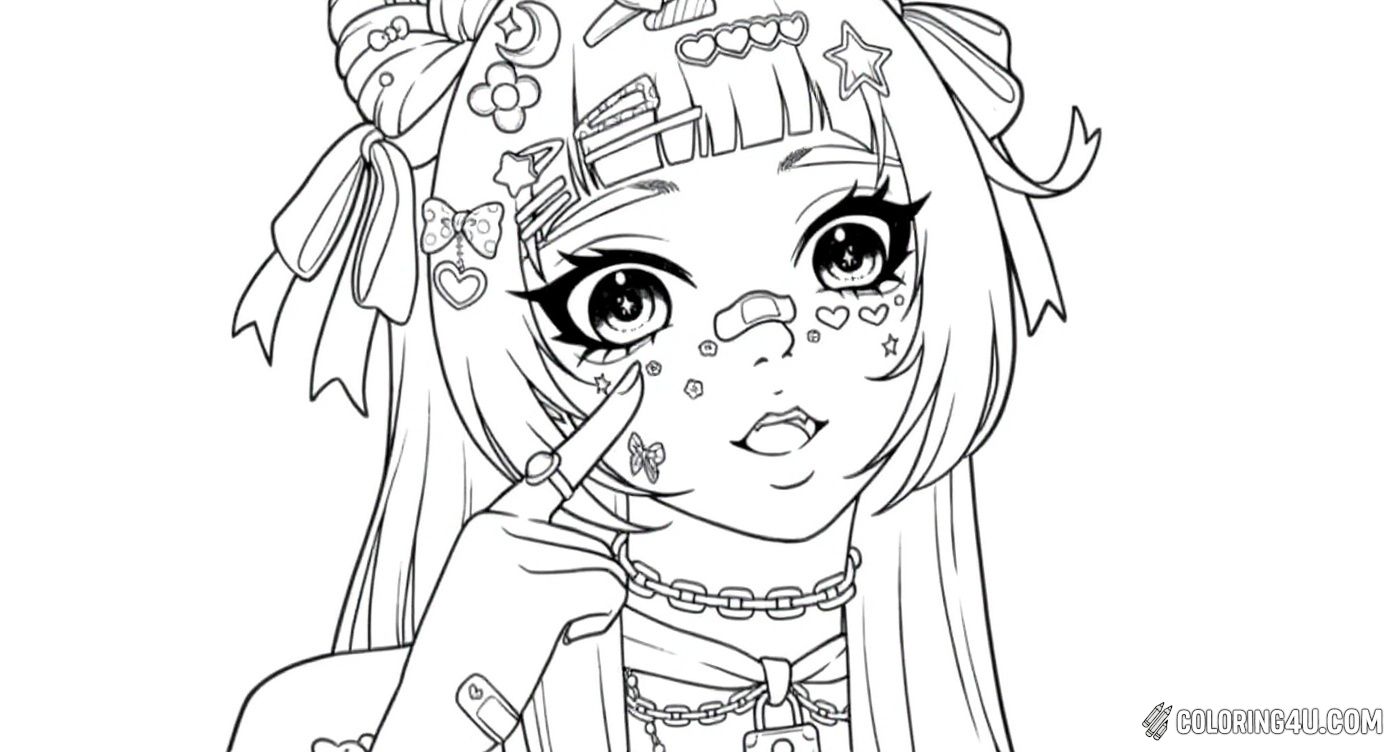 This lively manga character is decorated with lots of adorable hair clips and accessories, showing a trendy and playful vibe. The background filled with hearts adds to the fun and loving atmosphere, making it an exciting page for kids who like details and colorful decorations in their artwork.