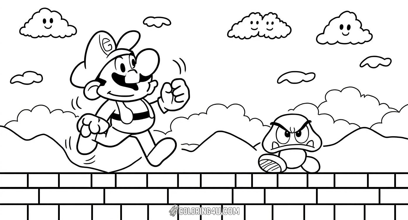 Step into the world of the original Super Mario game with this classic coloring page! Mario is shown running and jumping over a Goomba enemy near a warp pipe, surrounded by smiling clouds and block platforms. It's a perfect scene for kids to color and revisit the timeless Mario adventure.