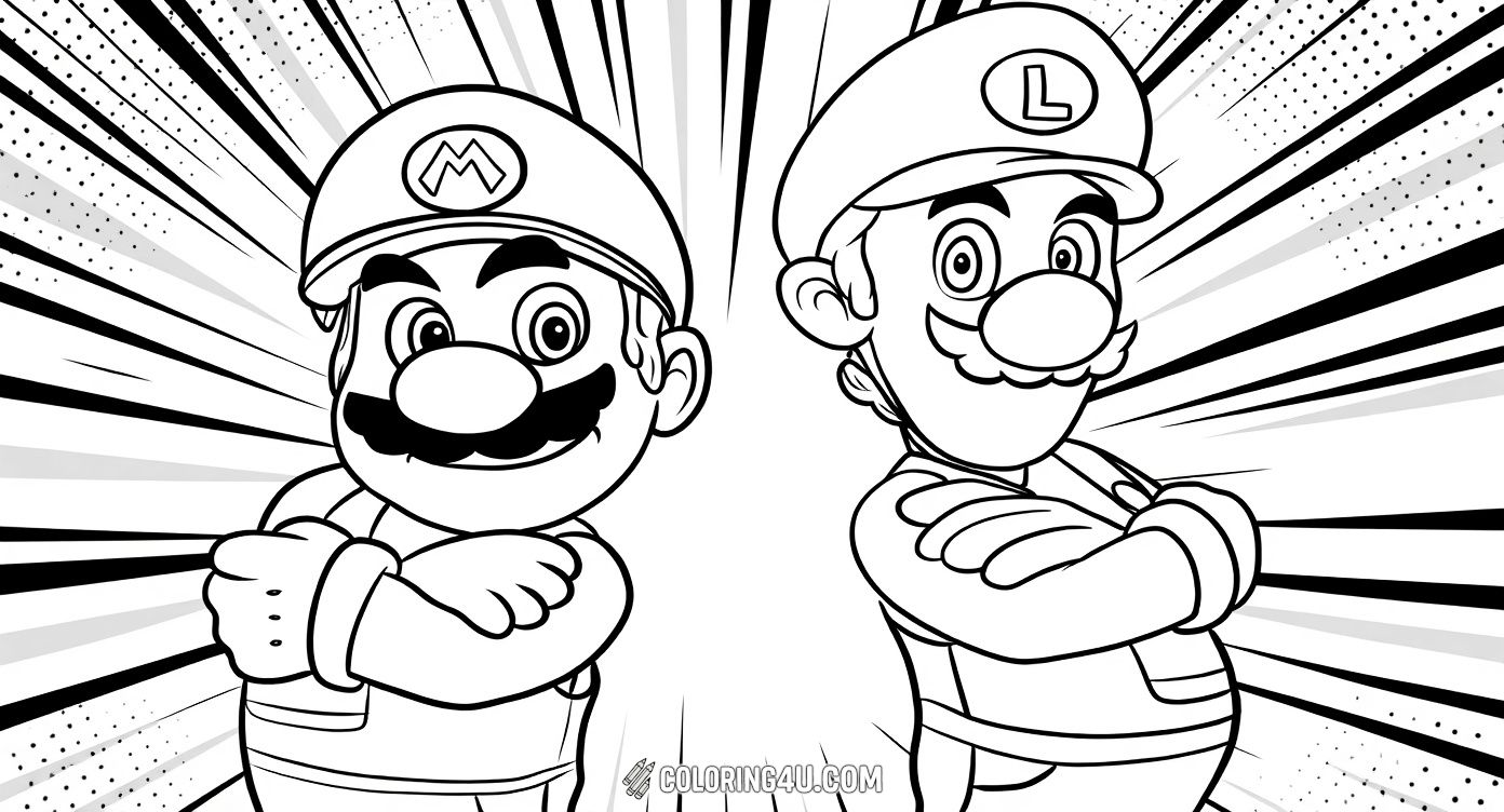 Join Mario and Luigi, the iconic brothers from the Super Mario Bros. game series, as they strike a confident pose standing back-to-back. This fun coloring page invites kids to bring these courageous heroes to life with bright colors and creative imagination.