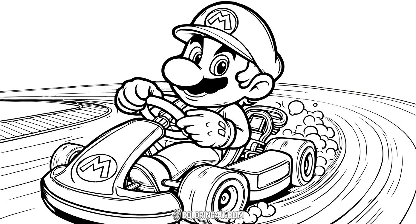 Get ready for a thrilling race with this Mario Kart coloring page! Mario is seen driving his go-kart around a bend with determination and speed. Kids can have fun coloring the dynamic scene and imagine themselves racing alongside this legendary character.