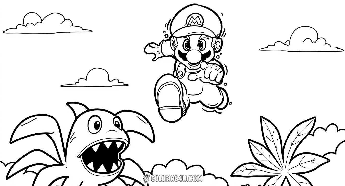 This exciting coloring page features Mario from the Super Mario Bros. game, mid-jump over a Piranha Plant in a classic adventure scene. Kids will love bringing this energetic moment to life with their favorite colors as they follow Mario on his quest!