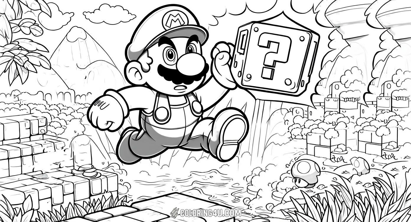 Help Mario on his exciting adventure through the Mushroom Kingdom! In this action-packed coloring page, Mario is jumping to hit a mysterious question block, surrounded by classic scenery. Kids will enjoy coloring this dynamic scene full of fun details from the Super Mario Bros. world.