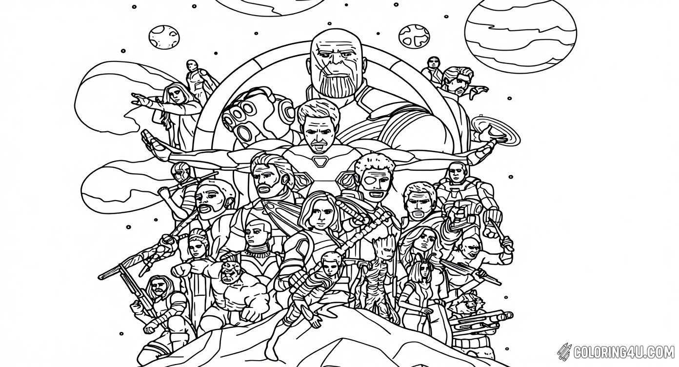 Printable coloring page of Avengers Endgame Major Heroes Thanos Illustration from the Marvel category.