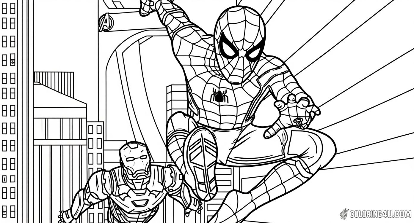 Printable coloring page of Spiderman And Ironman City Action Scene from the Marvel category.
