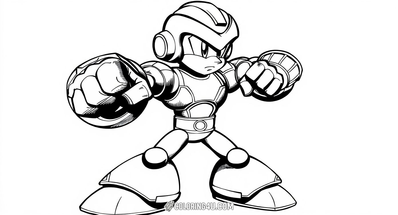 Get ready to color a bold and determined Mega Man in this powerful fighting stance! This detailed coloring page showcases the robotic hero gearing up for battle, perfect for kids who love action and want to unleash their creativity on this tough video game icon.