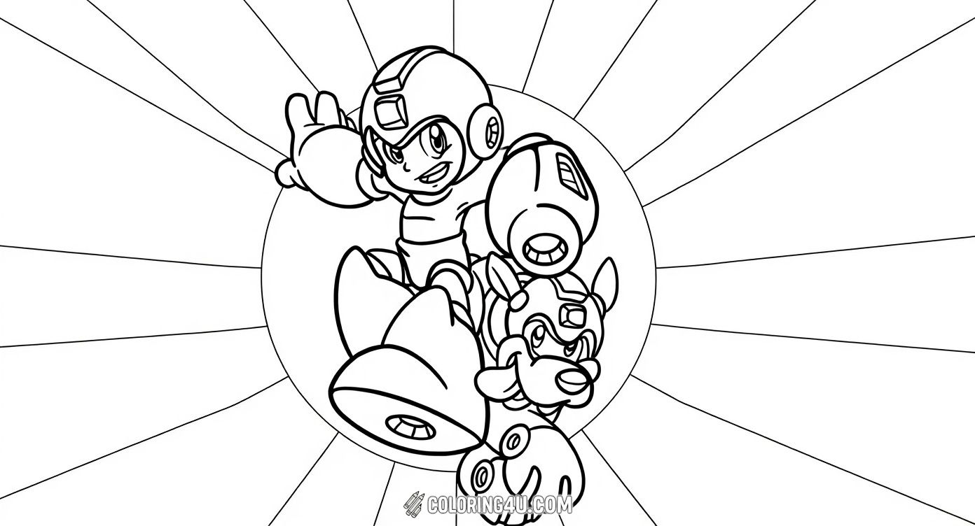 Jump into the world of Mega Man with this lively coloring page that shows Mega Man and his loyal robot dog Rush! The dynamic scene captures them ready for action, inviting kids to add their own vibrant colors and create their own heroic story.