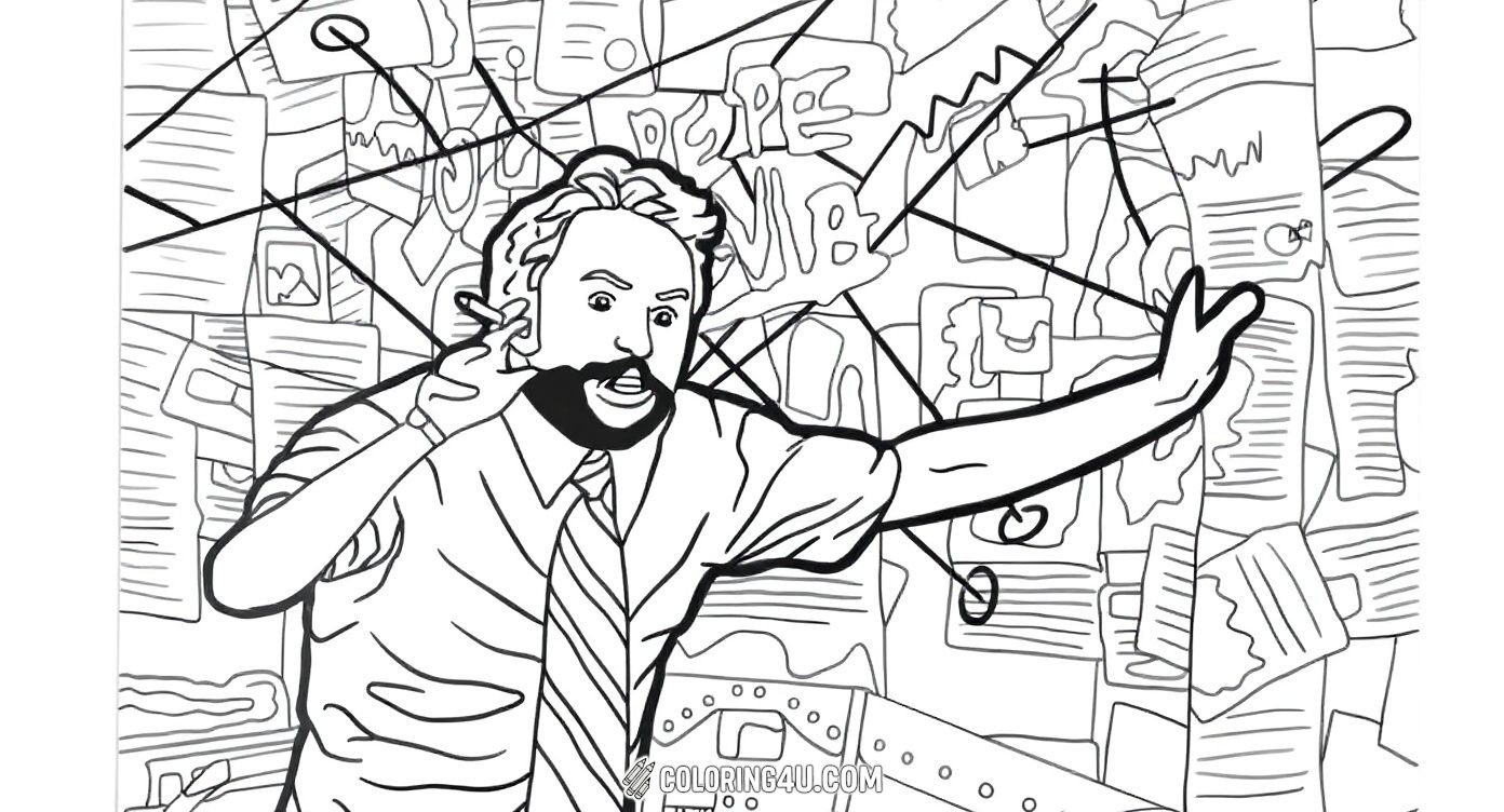 This exciting coloring page features the hilarious 'Conspiracy Theorist' meme, showing a man with wide eyes and animated gestures in front of a wall full of papers and drawings connected by lines. Kids can use lots of colors to make this crazy, adventurous scene come alive!