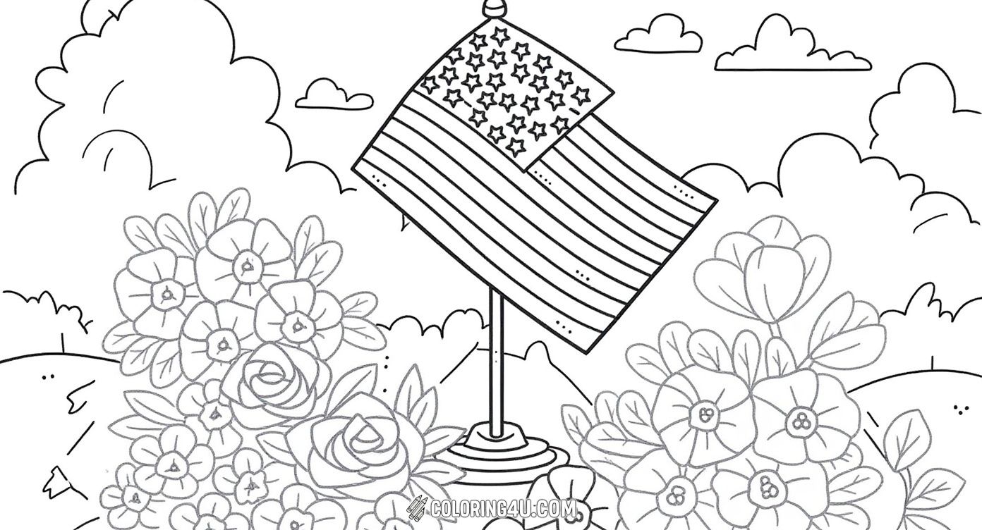 This Memorial Day coloring page shows an American flag displayed prominently with beautiful flowers all around it, symbolizing respect and remembrance. The detailed flowers and flag offer a nice challenge for kids to color while learning about the significance of this special day.