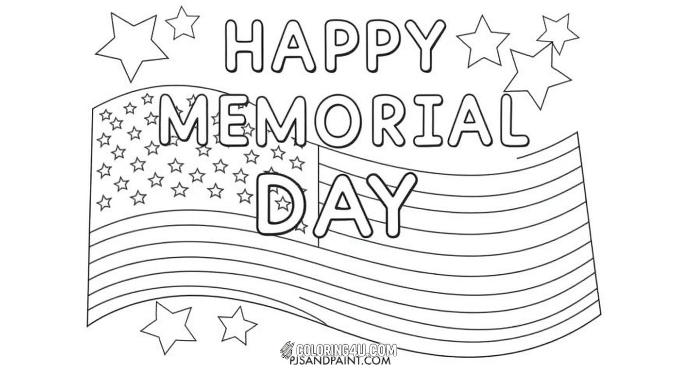 Celebrate Memorial Day with this cheerful coloring page featuring a waving American flag surrounded by stars and the bold greeting 'Happy Memorial Day!' Kids will enjoy adding bright colors to this simple and fun tribute to honor the day.